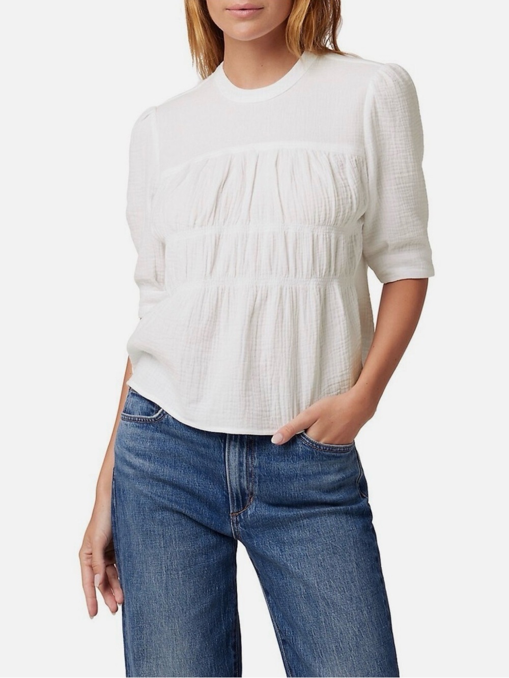 Joe’s Jeans Shira White Shirred Puckered Cotton Top – Size S